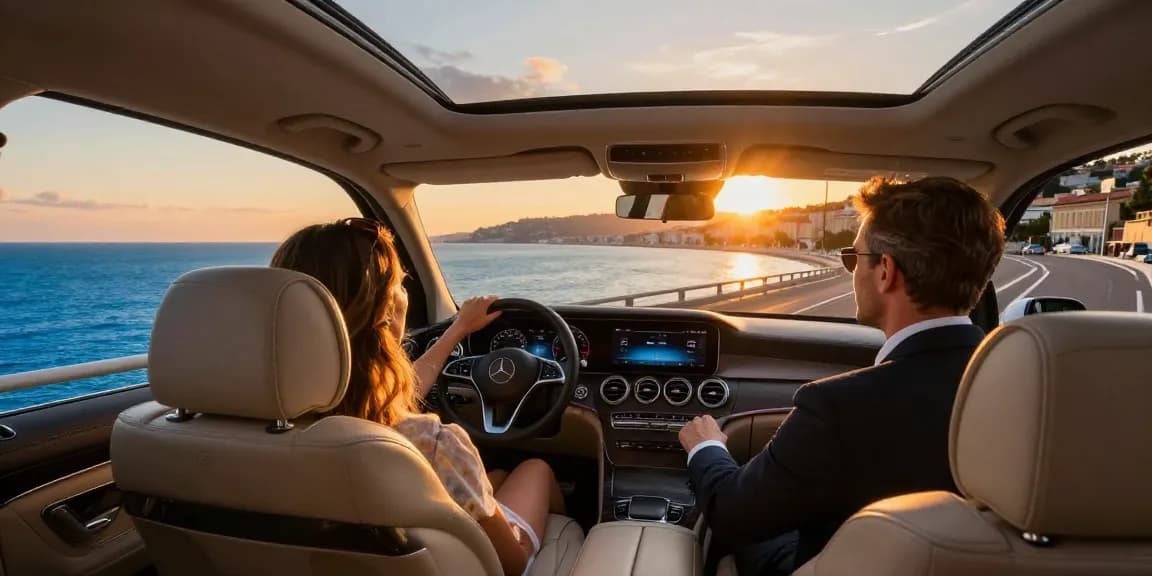Visite de la Côte d'Azur avec un chauffeur privé sur la route, offrant une vue imprenable sur la mer Méditerranée et les paysages pittoresques lors de la tournée de la Côte d'Azur.