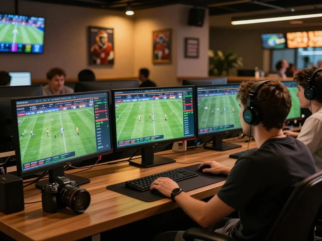 Cakhiatv user engaging intensely with live betting during a sports event, showcasing dynamic screens and strategic decision-making.