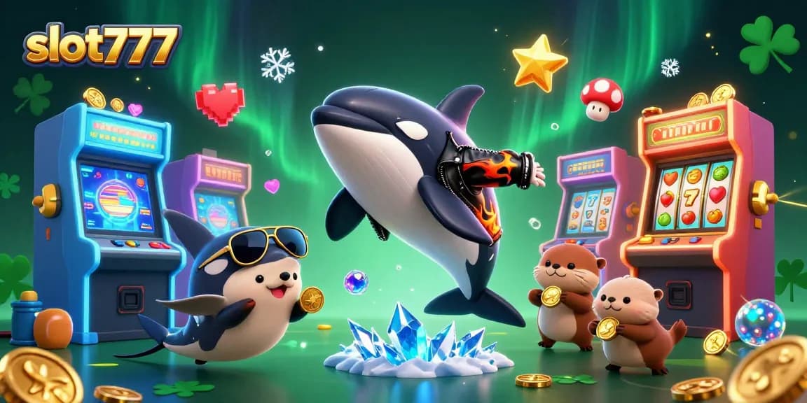 Win big with slot777 in this vibrant 3D scene featuring a cartoon orca, stingray, and sea otters.
