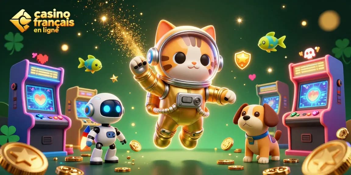 Engagez-vous dans le casino francais en ligne avec l'illustration d'un chat astronaute et ses compagnons spatiaux.