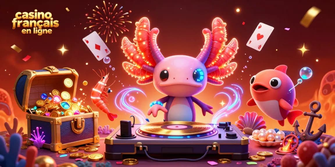 Vibrante illustration 3D représentant le casino français en ligne avec un axolotl DJ et une ambiance festive.