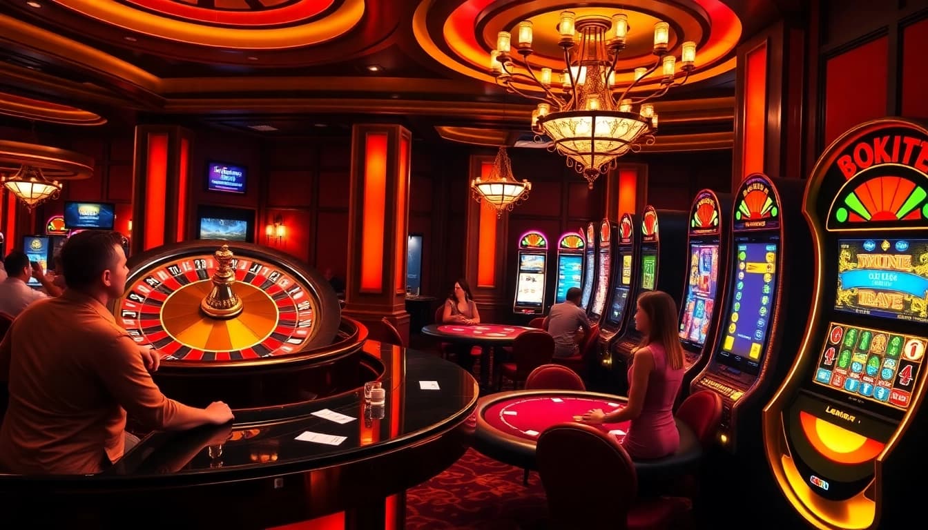 A lively casino scene featuring poker players and a roulette wheel, reflecting loto188.gb.net's exciting gaming atmosphere.