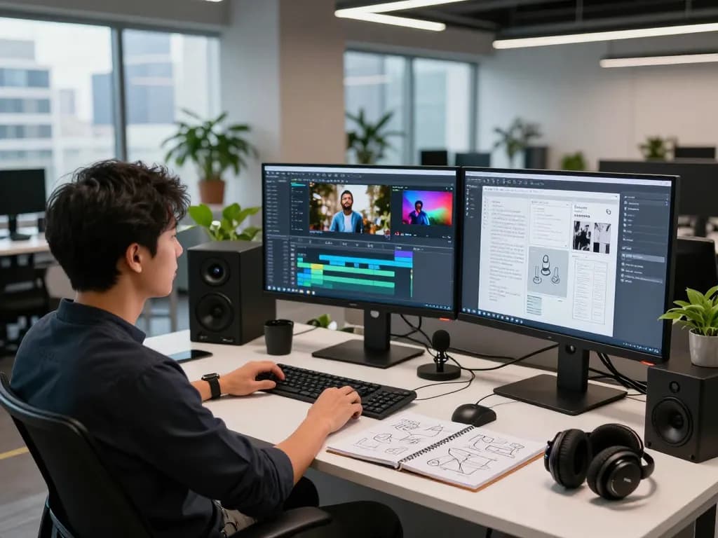 Content creator using seedance 2.0 at a video production workstation with multiple monitors and audio equipment.