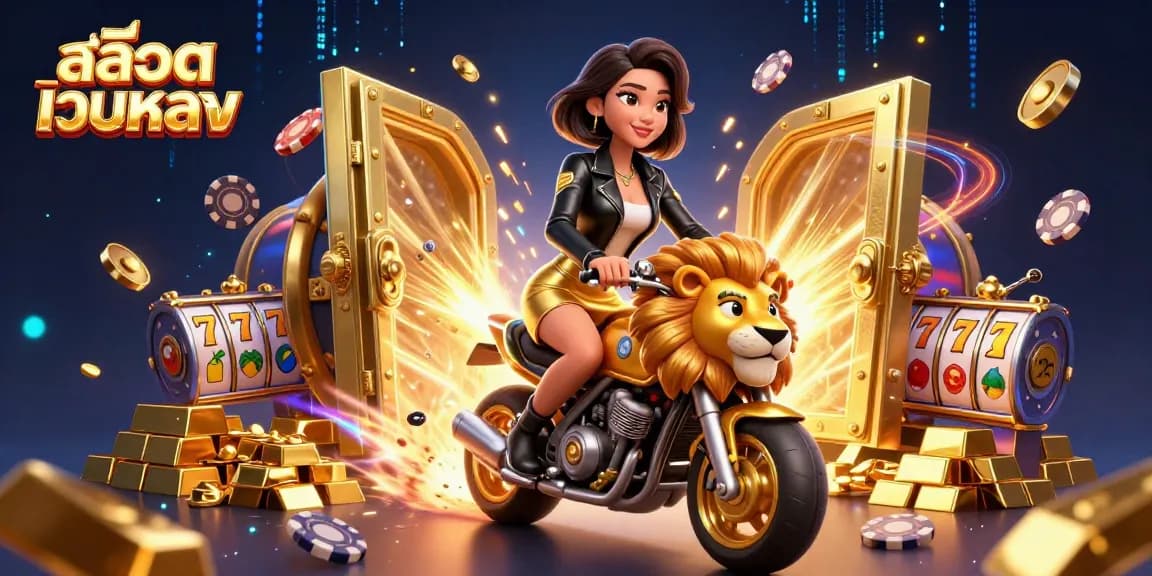 Engage in thrilling สล็อตเว็บตรง slots with an exciting illustration of a glamorous character amidst gold and gem treasures.
