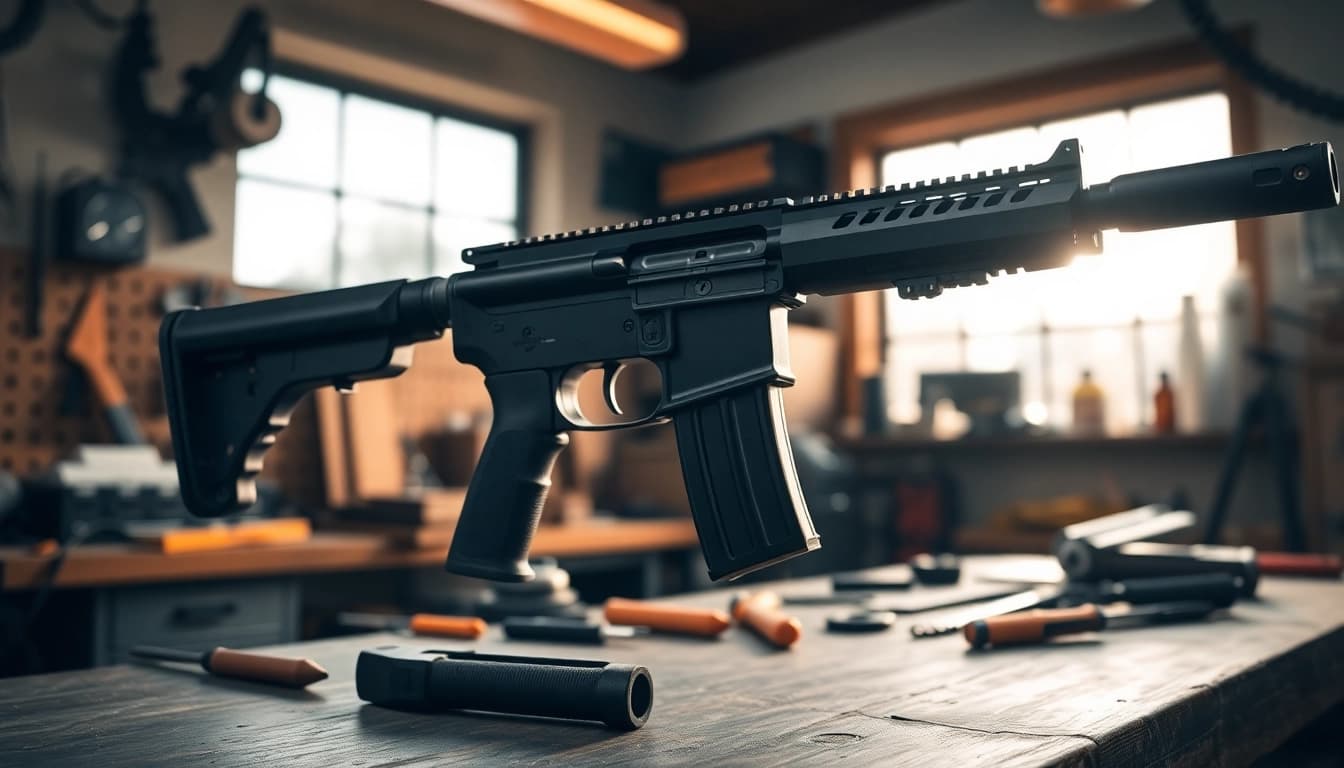 Assembling a pf940v2 frame in a detailed gunsmith workshop.