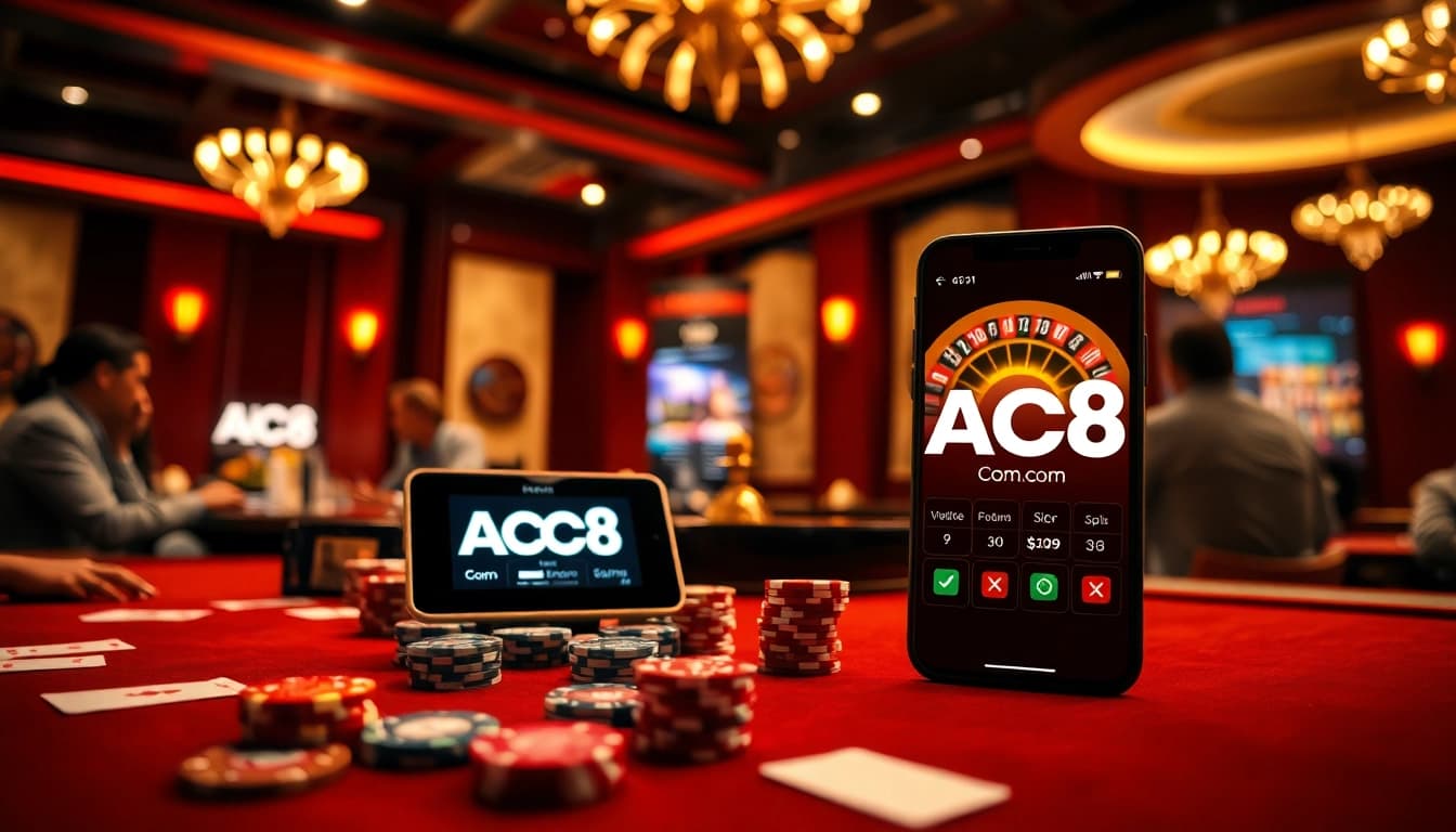 Experience the excitement of ABC8 com with an engaging casino scene featuring poker and roulette.