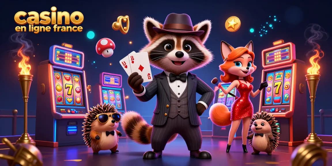 Jouez avec style dans un casino en ligne France, où un raton laveur élégant affiche un jeu royal.
