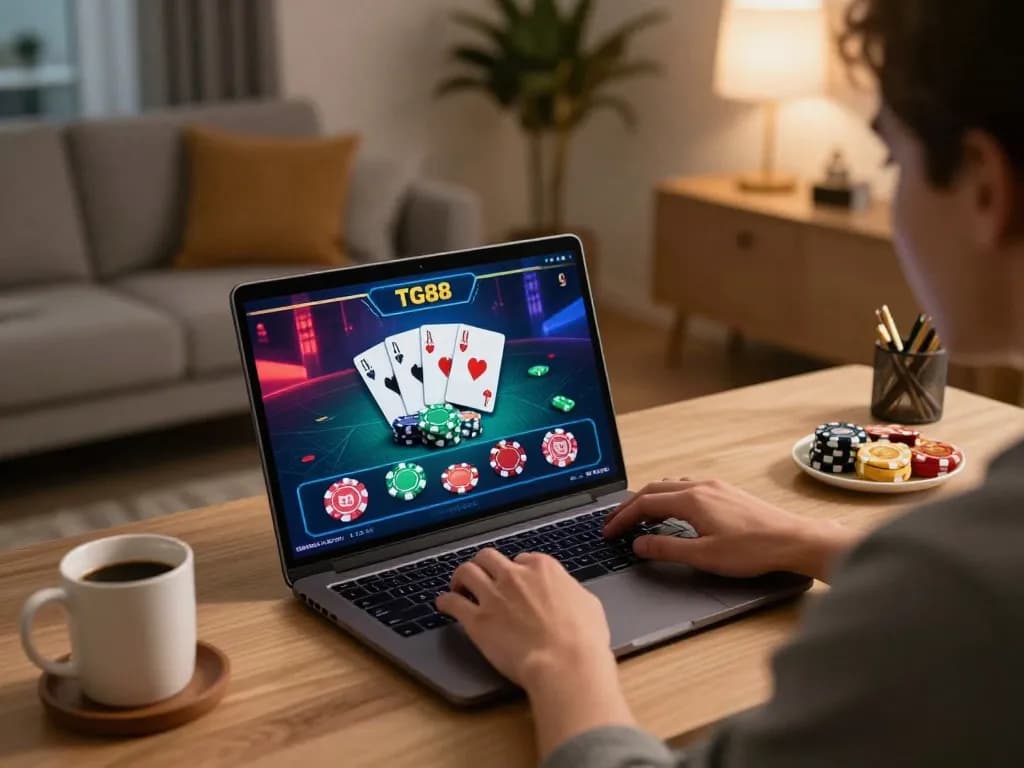 Engage with TG88 gameplay on a laptop in a stylish home office setting during online casino entertainment.