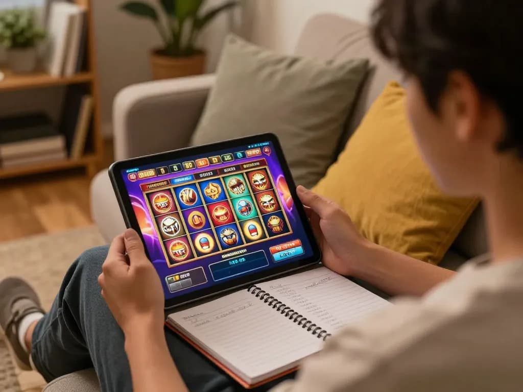 Engaging online session of slot bet 200 perak showing vibrant slot reels on a tablet with cozy home setup