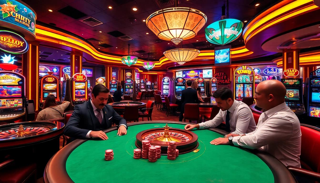 Players enjoy thrilling games at the luck8 trang chủ casino, with vibrant tables, chips, and excitement in the air.