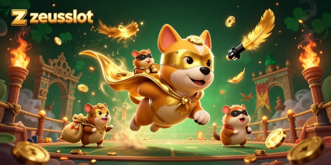 Engage in zeusslot adventures with a superhero dog and hamster amidst golden casino elements.