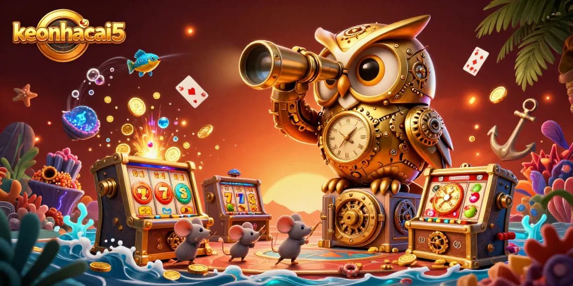 Experience thrilling wins at keonhacai5 with our cartoon owl guardian scanning the vibrant casino floor.