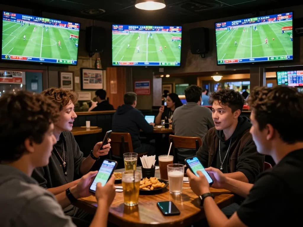 Engaging patrons analyzing betting odds on their phones while watching live matches on screens at a sports bar, link vào bongdalu for sports insights
