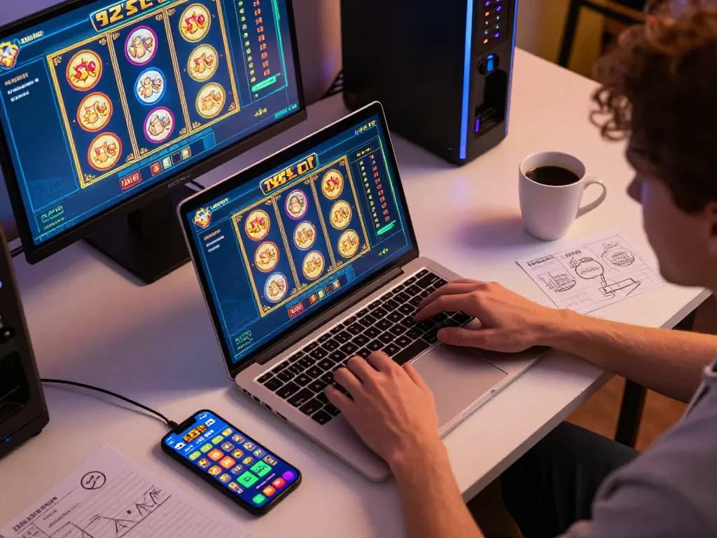 Player experiencing 92slot online gameplay on laptop and smartphone in a cozy home office setting.
