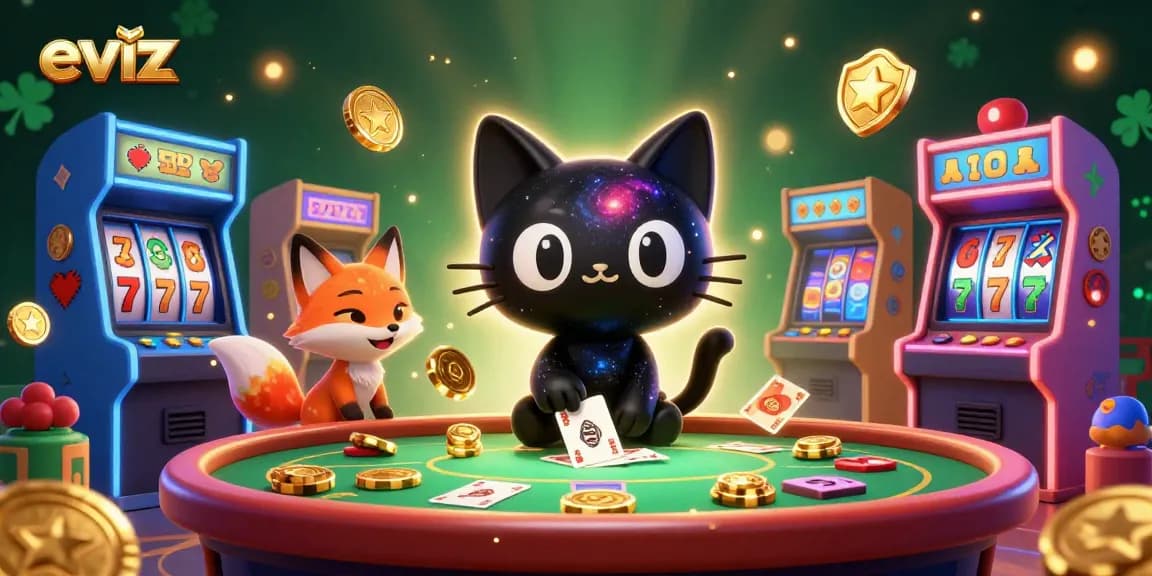eviz engaging players with cosmic gaming charm at a vibrant casino table filled with colorful elements