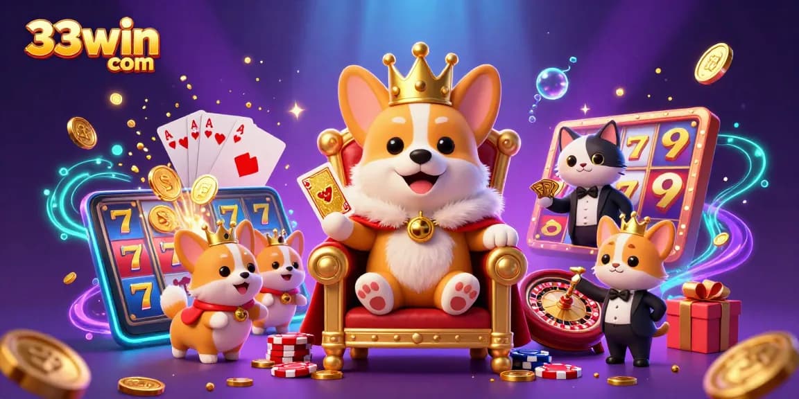 Engage with exciting games at 33win com, featuring royal corgi and lively casino elements.