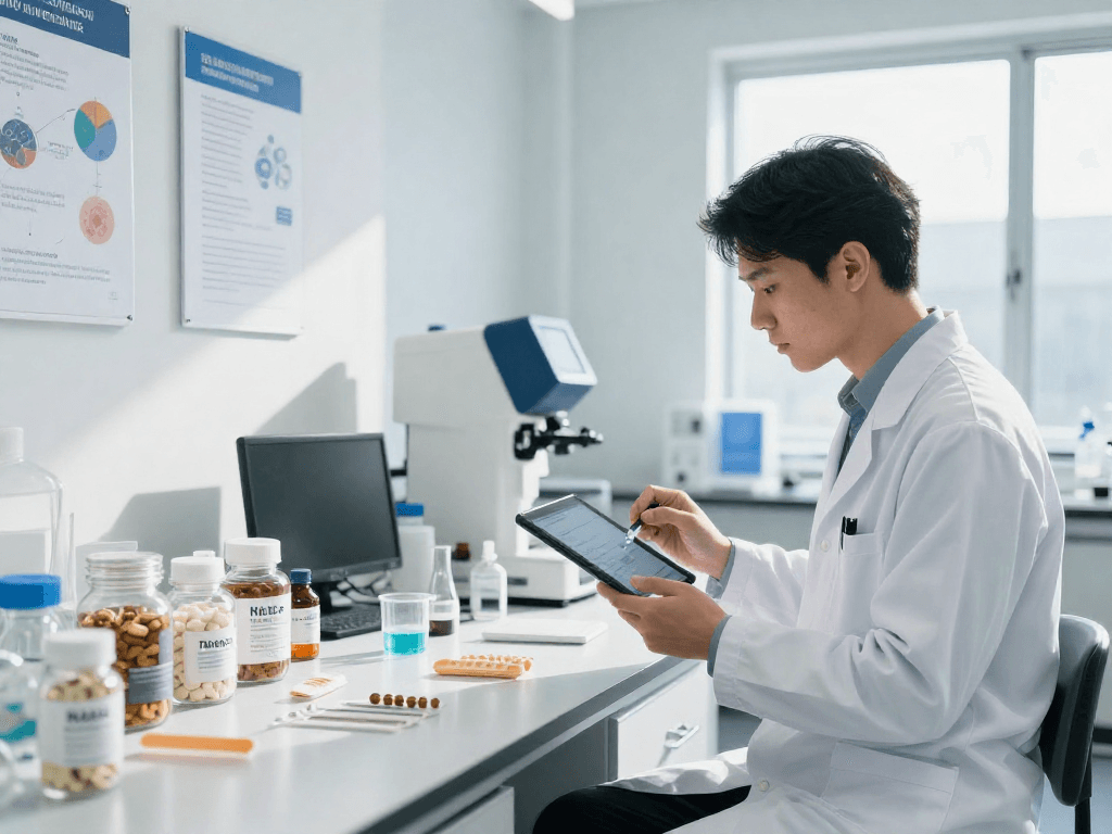 Researcher investigating TB 500 benefits in a modern lab environment, showcasing precision compounds.