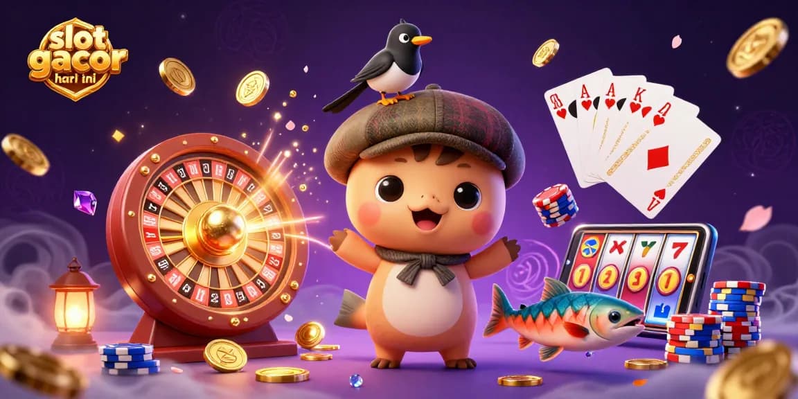 Engage in slot gacor hari ini with a vibrant scene featuring cute characters, cascading coins, and rich gambling elements.