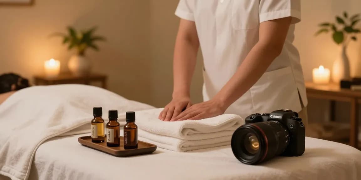 Massage therapist preparing a serene treatment room with soothing oils and calming plants.