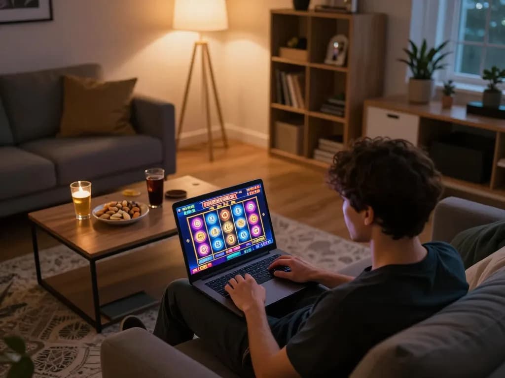 Orang menikmati slot online di rumah dengan OKESLOT di layar laptop dalam suasana ruang tamu yang nyaman.