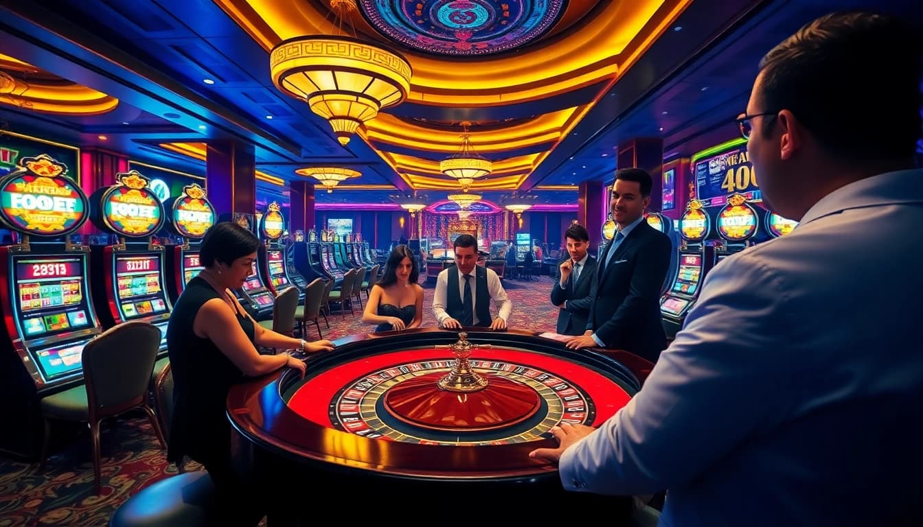 Players engaging in intense gambling at a GO88 casino table surrounded by vibrant slot machines.