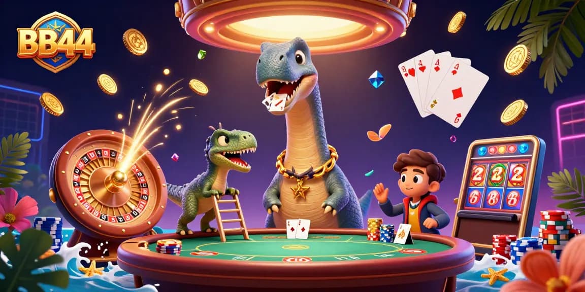Experience thrilling gameplay at BB44 with a playful brontosaurus and a raptor dealer surrounded by casino delights.