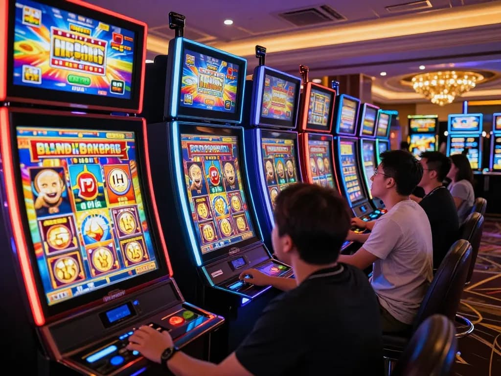 Experience the thrill at slot77 machines as players engage with vibrant slot games in a lively casino atmosphere