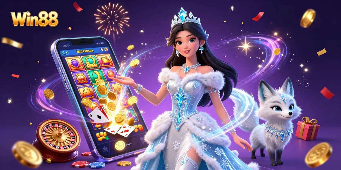 Engage with the vibrant Win88 casino scene featuring a majestic ice queen and her playful fox companion amidst exciting game elements.