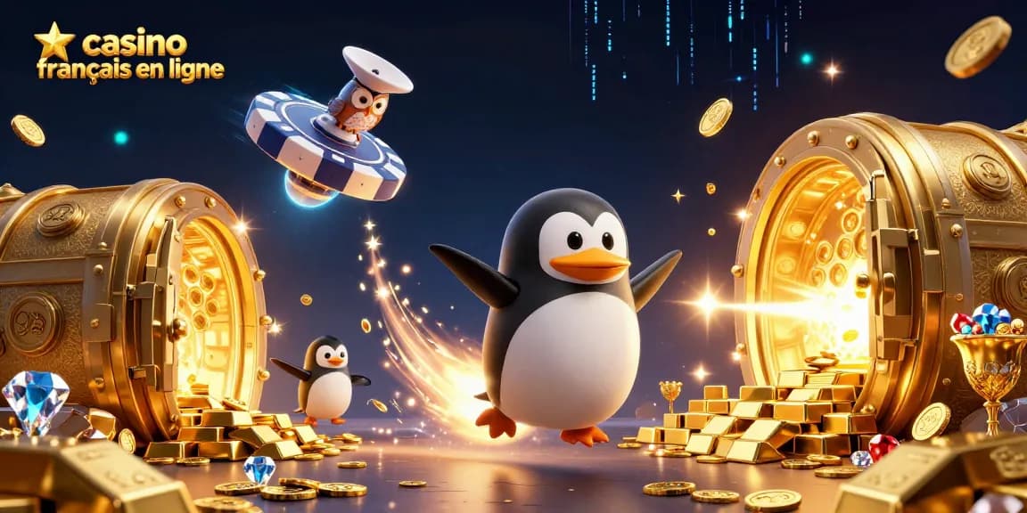 Profitez de l'excitation du casino français en ligne avec un pingouin doré en fusée, entouré de trésors.
