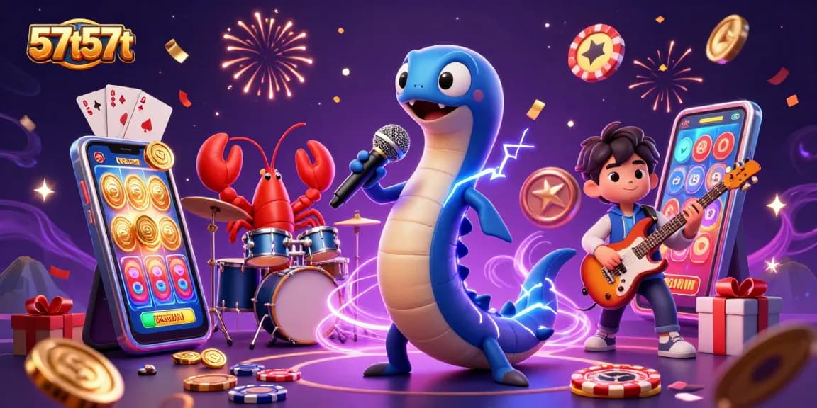 57t57t anima uma ilustração em 3D com um DJ de enguia e um cenário de cassino subaquático.