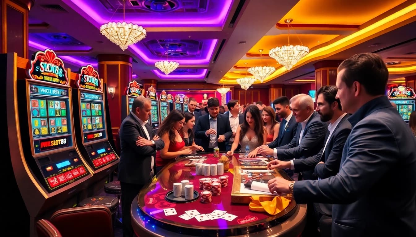 Engaged players enjoying slot88 machines in a vibrant casino atmosphere.
