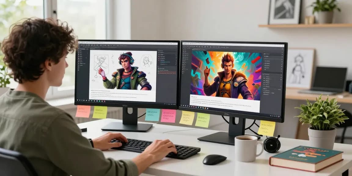Engaging scene of a user interacting with Tavern AI in a creative workspace, showcasing character designs and vibrant storytelling elements.
