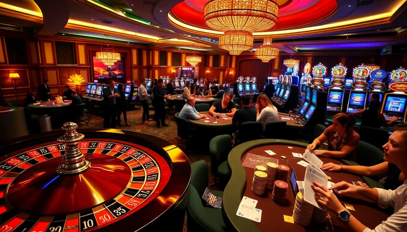 Scène de jeu passionnante aux meilleurs casinos en ligne avec roulette, poker et machines à sous colorées.