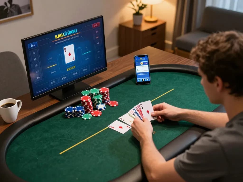 Engaging poker gameplay with 789win com displayed on the screen, vibrant environment capturing strategic online gambling.