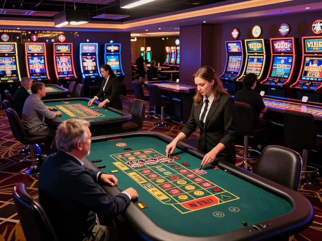 Players betting at roulette tables in a lively 92slot casino atmosphere with vibrant lights.