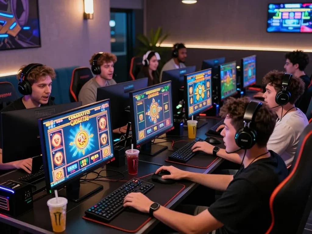 Players enjoying CEMARATOTO slot games at modern gaming stations filled with excitement.