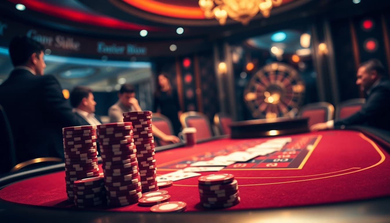 Experience high-stakes gaming at Jun88's luxurious casino table with players and chips.