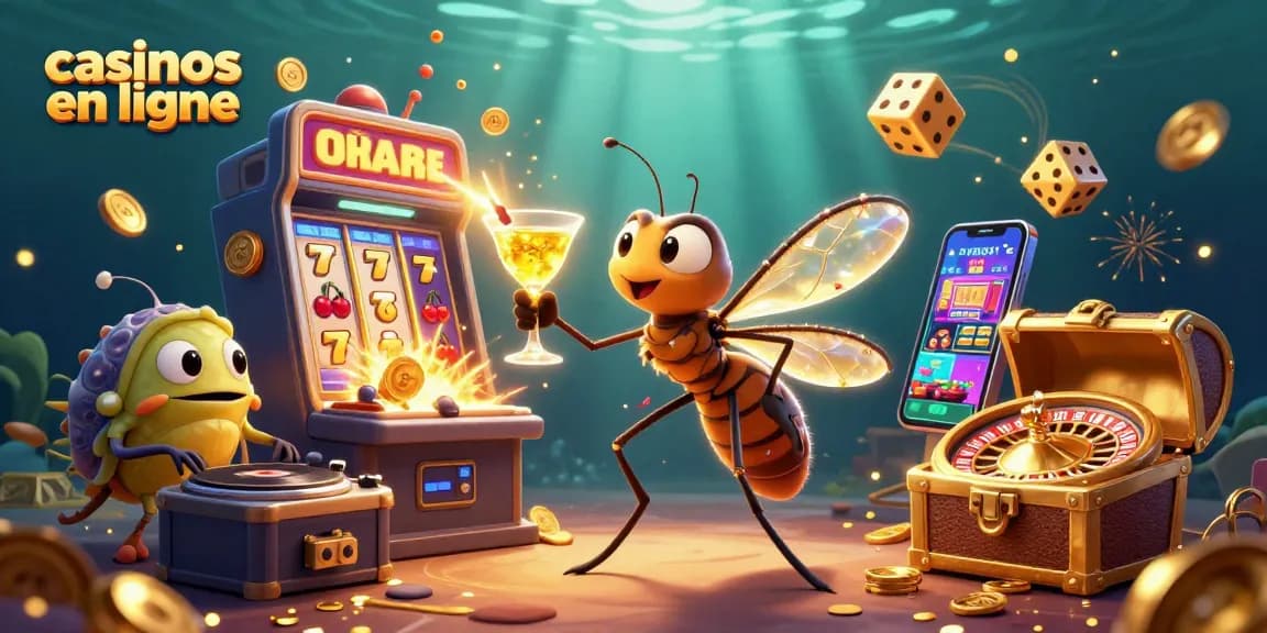 Un mignon mosquito mascotte des casinos en ligne auprès d'une roulette et une machine à sous