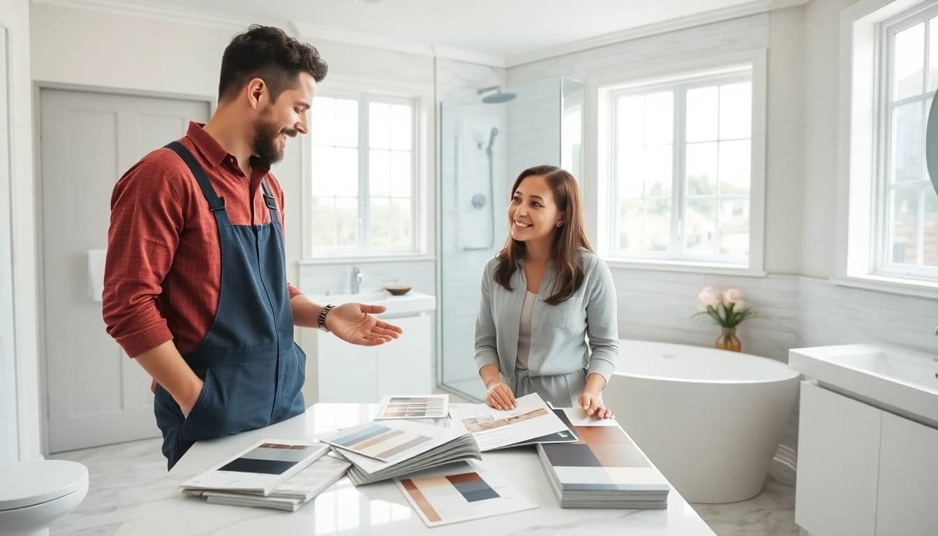 Engaging bathroom remodeling contractors discussing innovative designs with a homeowner.