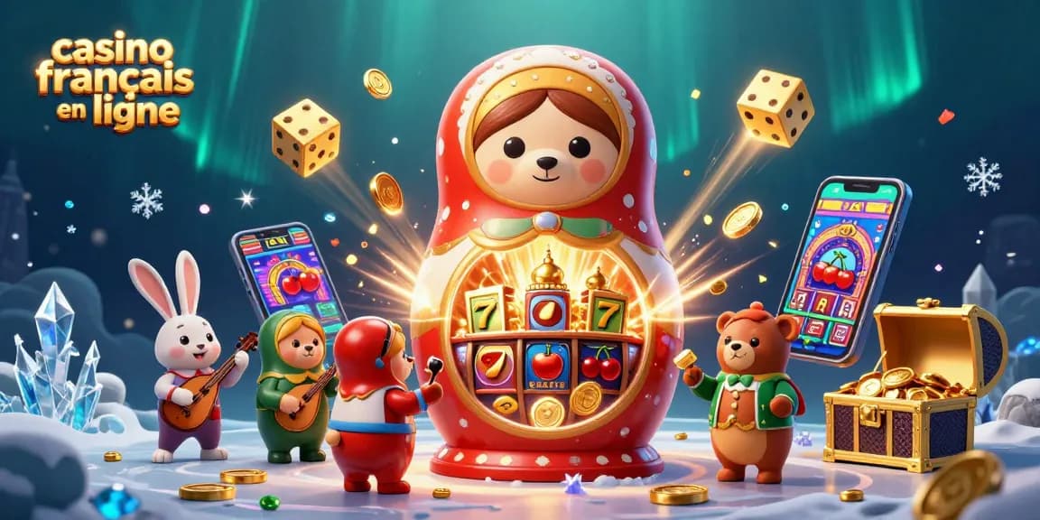 Profitez de l’excitation des jeux avec casino français en ligne, illustré par un ours matriochka et un lapin en pleine action.