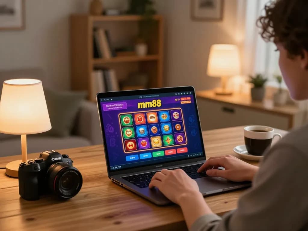 Player enjoying mm88 online casino games on a laptop in a cozy home setup, emphasizing responsible gambling.