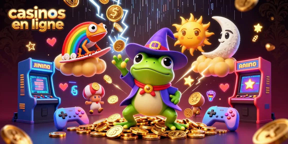Jouez dans des casinos en ligne avec ce visuel animé, proposant un sorcier grenouille magique et un caméléon.