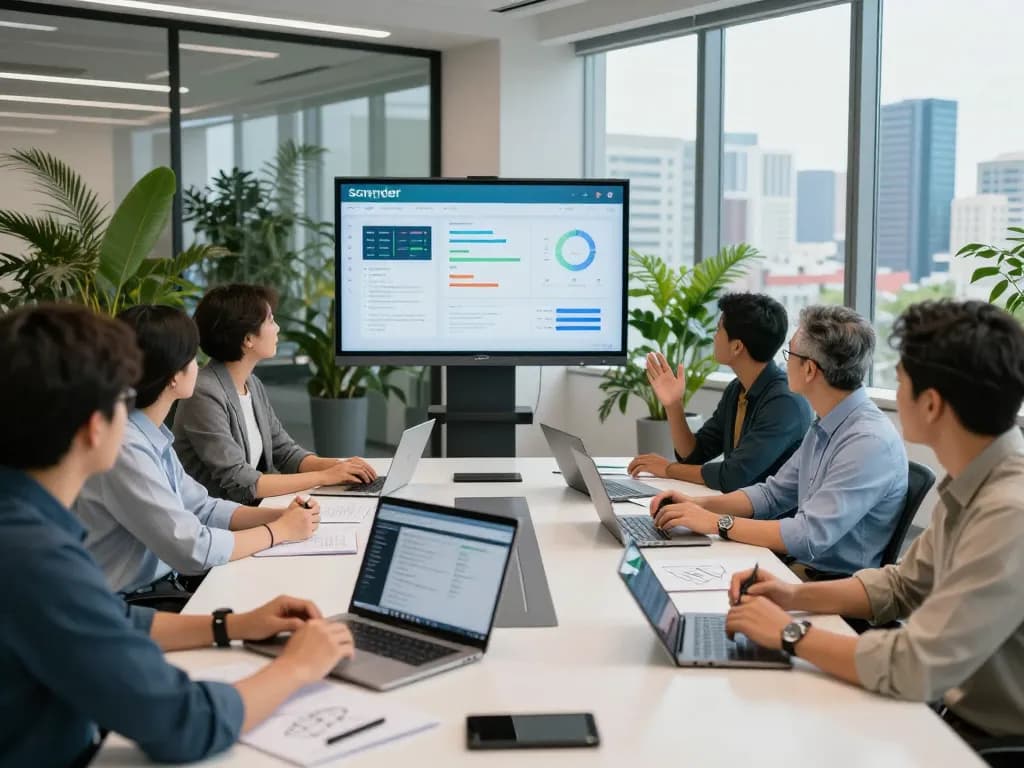 Team discussing Schneider Electric energy solutions in a modern office setting, showcasing sustainable technologies and collaboration.
