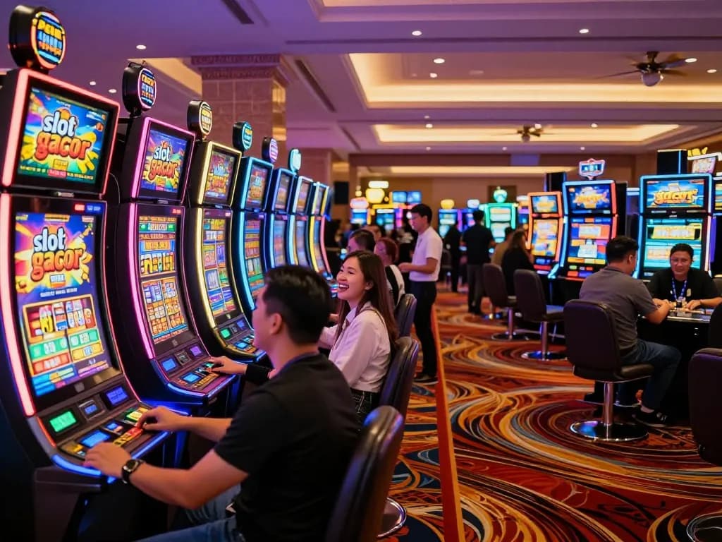 Players engaging with colorful slot gacor machines at a lively casino.