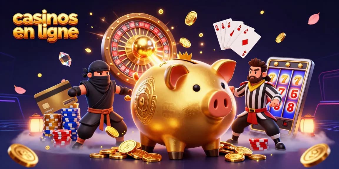 Illustration captivante de casinos en ligne avec un cochon tirelire sumo, des pièces d'or et un samouraï.