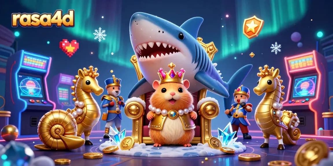 Rasa4d menghadirkan raja hamster emas bermahkota karang di atas gigi hiu megalodon.