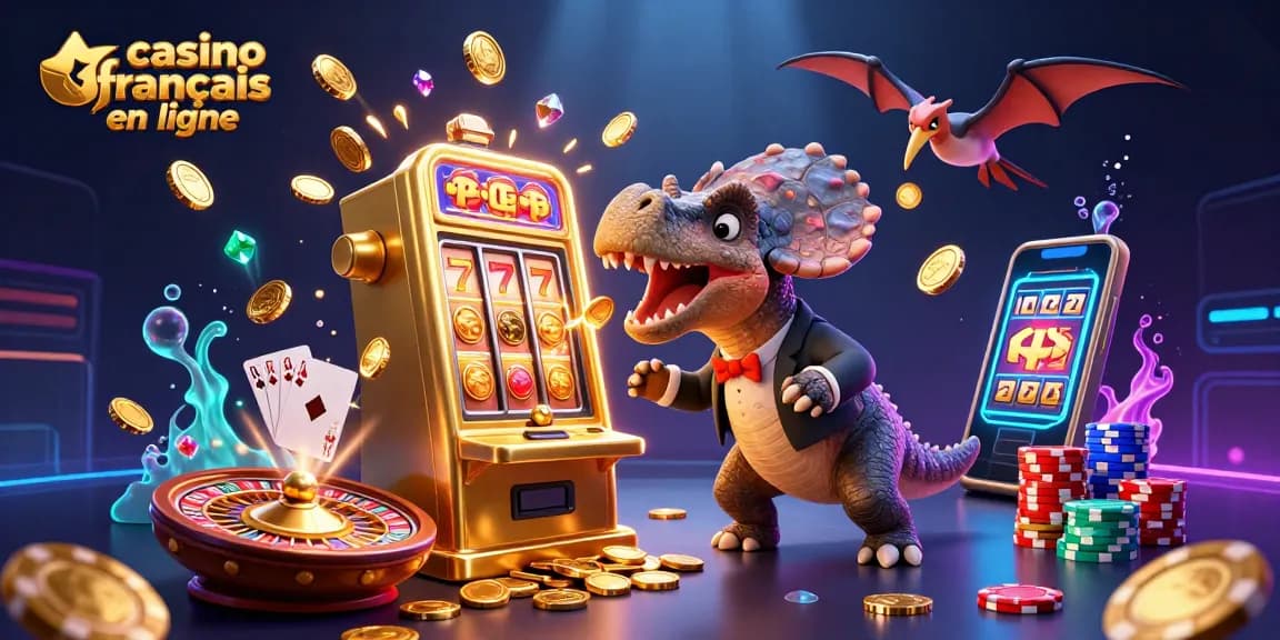 Débloquez les jackpots au casino français en ligne avec une illustration de dinosaures et des pièces d'or.