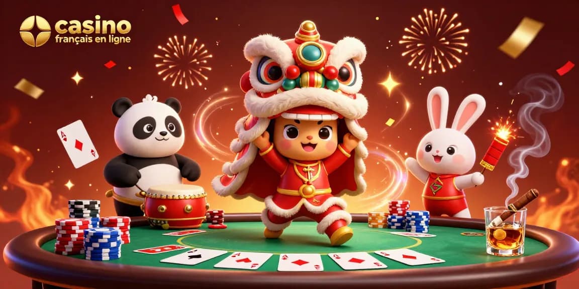 Découvrez l'excitation du casino français en ligne avec une danse du lion lors d'une célébration animée.