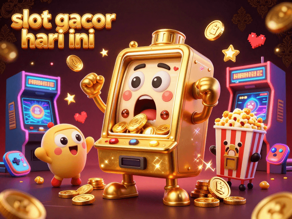 Experience the excitement of slot gacor hari ini with a golden slot machine celebrating its jackpot amidst cheering baby machines.