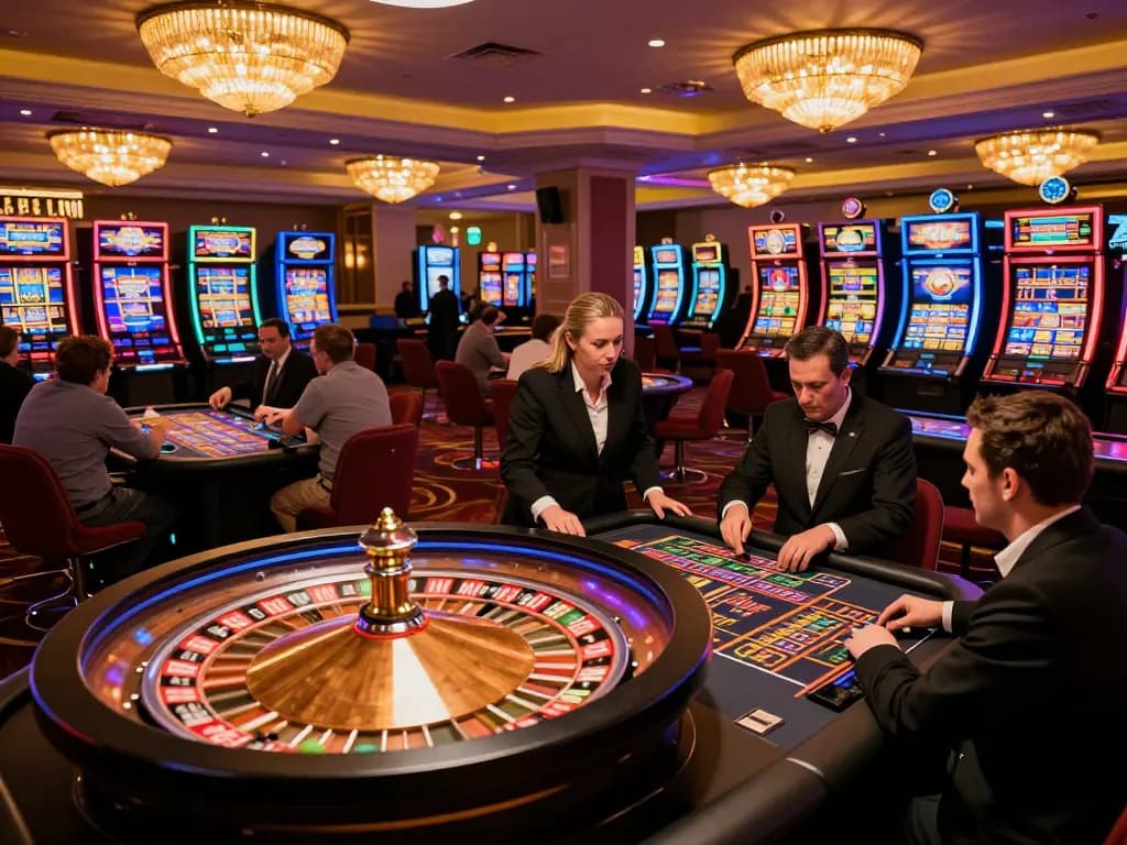 B52club players engaging in thrilling casino games with vibrant atmosphere and colorful machines